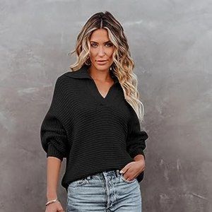Batwing Pullover Sweaters Casual Loose Long Sleeve Knit Foldover Collar